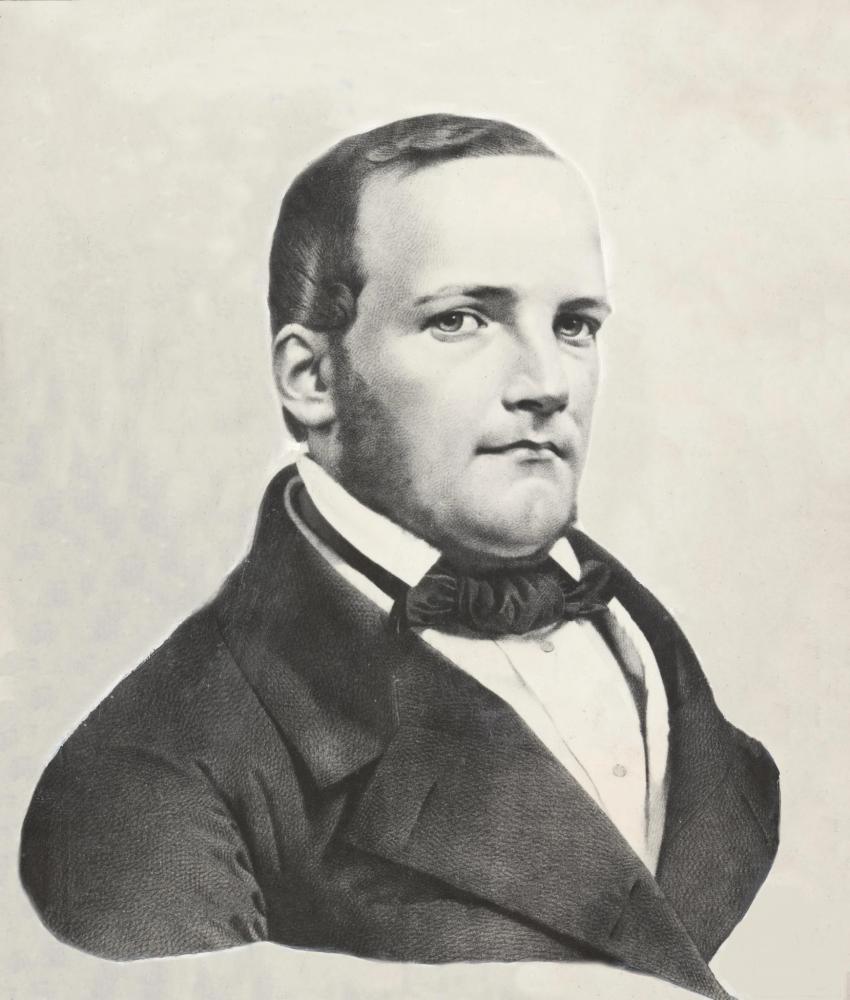 Kompozytor Stanisław Moniuszko ubrany w czarny surdut i apaszkę